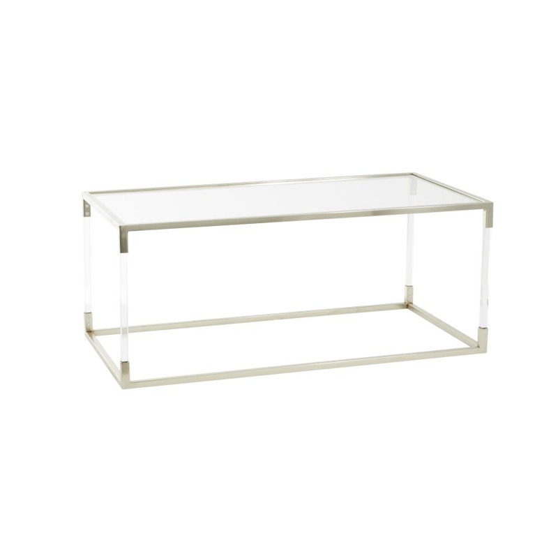 Nichalaus Acrylic Plastic Cube Shaped Clear Coffee Table with Silver Frame Supports