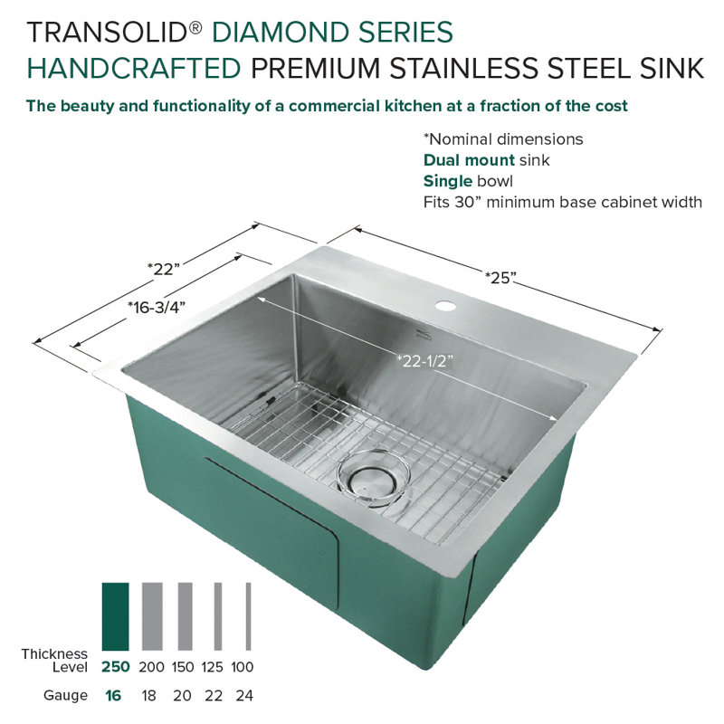 Évier de cuisine à fixation double Diamond Micro L 25 po x l 22 po avec crépine, 2 trous