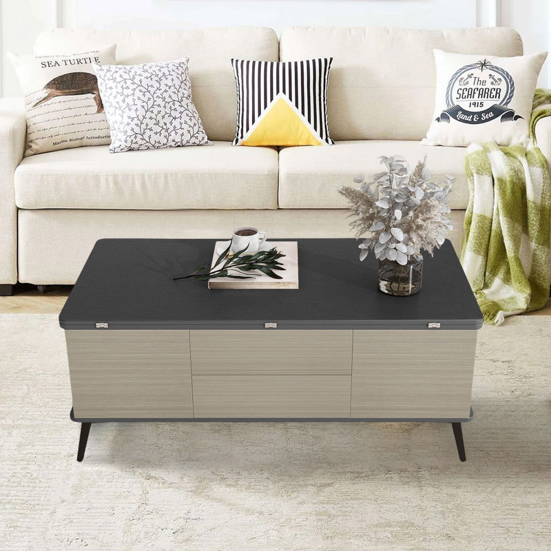 Table basse avec rangement surélevé à 4 pieds Latéralica, Gris foncé, Gris / noir
