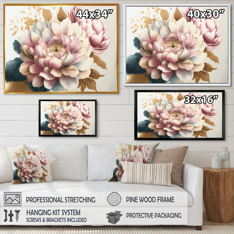 Rose et fleur de dahlia doré - Art mural sur toile floral et botanique, Cadre flottant noir, H 12 po x l 20 po x P 1 po