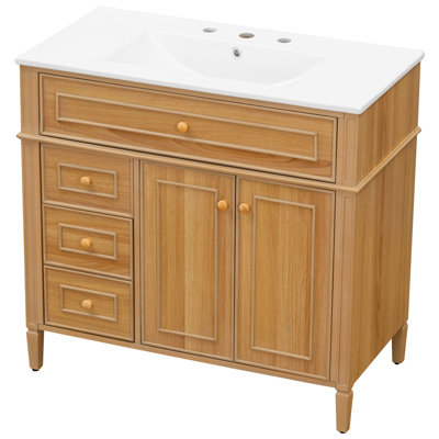 36" Bathroom Vanity with Sink, Wood Vanity Cabinet with Flip-Out Drawer, 3 Drawers, 2 Soft-Close Doors