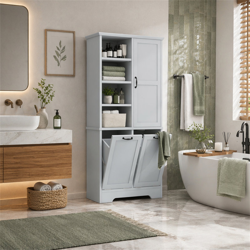 Armoire de rangement pour salle de bain avec portes et tiroirs, panier à linge inclinable, plusieurs espaces de rangement, style autoportant, tablette ouverte, tablette réglable, gris