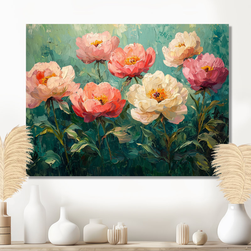 Inscoe Farm House, pivoines et pétales verts Harmony II - pivoines, art mural, H 12 po x l 20 po, Toile tendue