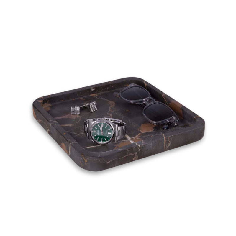 Plateau en marbre véritable Julka et fourre-tout en onyx vert, Noir / brun