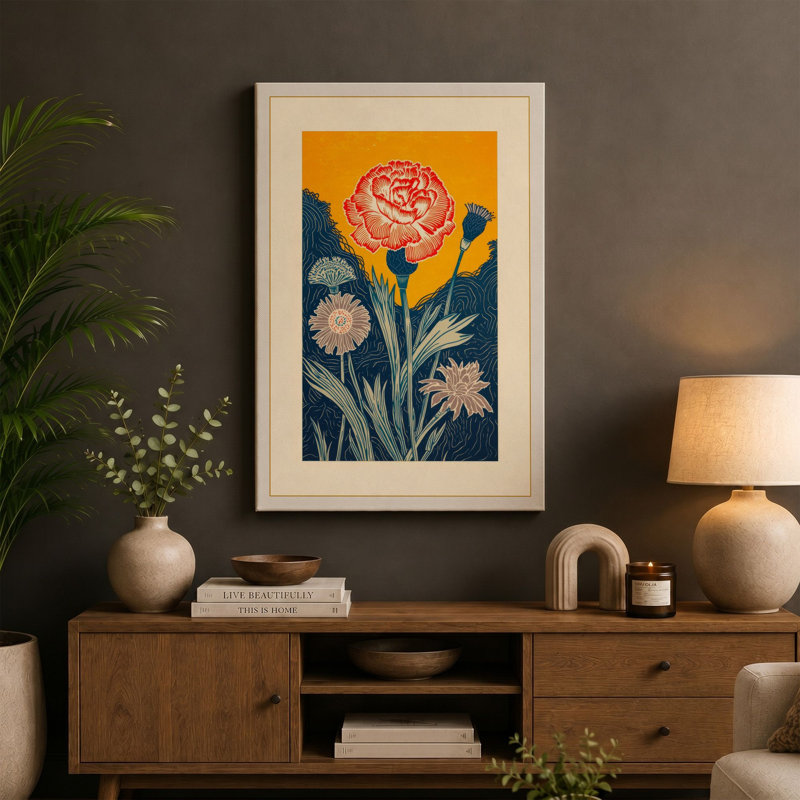 Carnation in Bloom Botanical - Wrapped Canvas, 18x12 - 45.7 x 30.5 cm, Cream Border