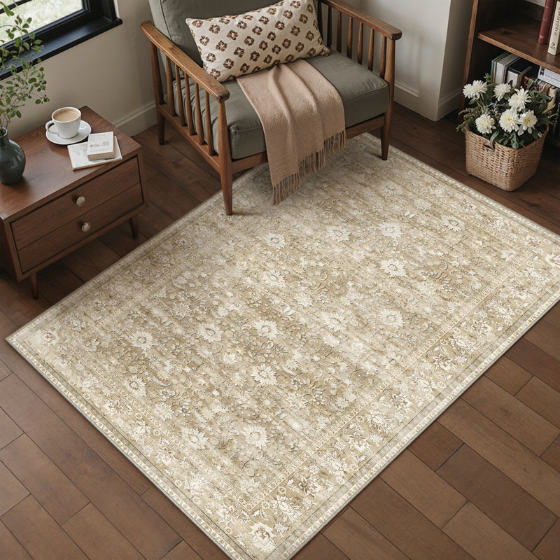 Kitty Machine Washable Oriental Area Rug with Non-Slip Backing, Beige, Rectangle 3' x 5'