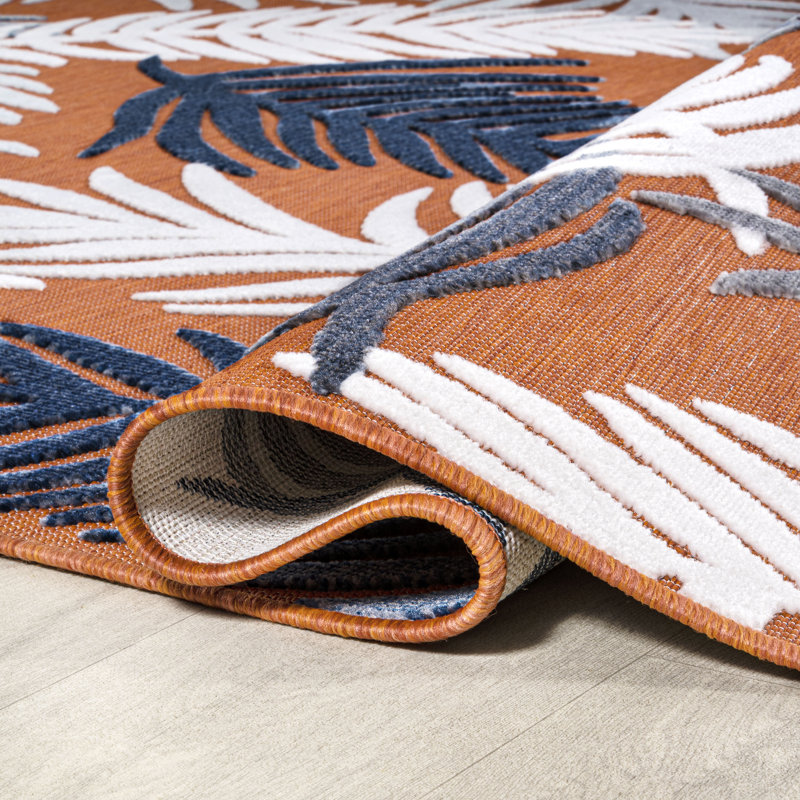 Kleon High-Low Tropical Palm Orange/Navy/Ivory Indoor/Outdoor Rug, Rectangle 3'11" x 6'