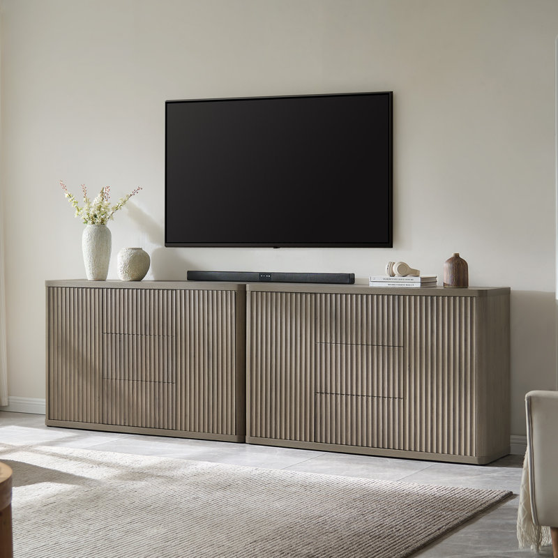 Buffet cannelé moderne à 2 portes et 3 tiroirs l 54,7 po avec tablettes réglables, Aulne gris, 2