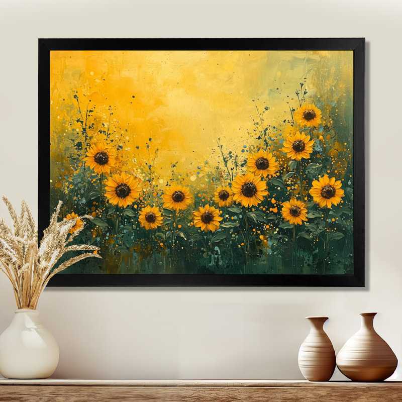 «Dreana Country Side Sunflower Golden Glow I» - art mural tournesols, Reproduction encadrée d'une seule photo, Noir