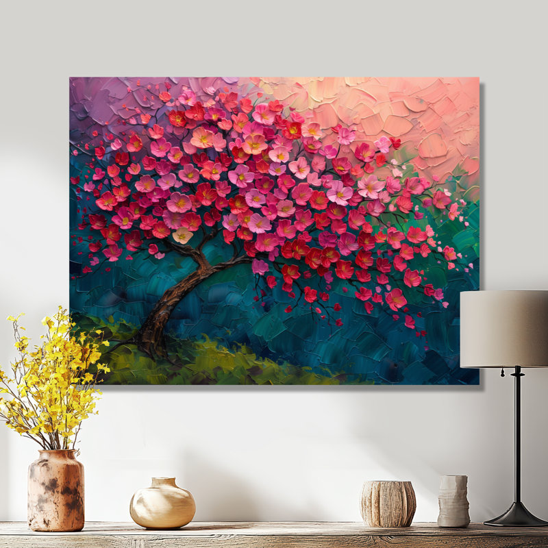 Arbre de vie rose rose et bleu vibrant - art mural cerisier en fleurs, Toile tendue, H 12 po x l 20 po