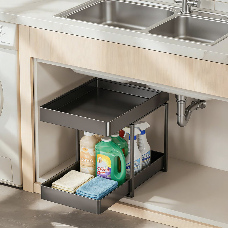 2-Tier Pull-Out Under Sink Organizer, Heavy-Duty Metal Cabinet Drawer Shelf For Bathroom And Kitchen Storage, Multi-Purpose Space Saving Solution