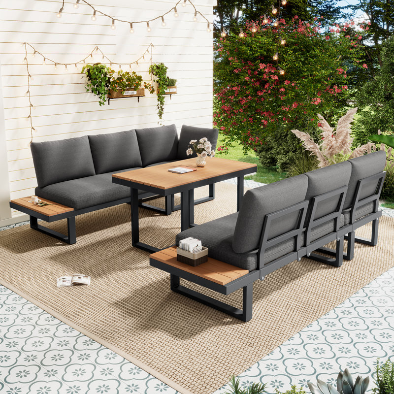 6-Person L-Shaped Garden Sofa Set with Adjustable Recline