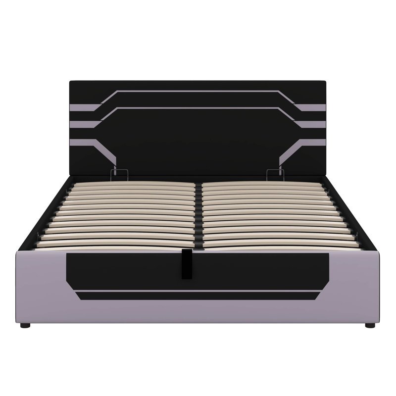 Base de lit de rangement relevable avec tête de lit, lit plateforme de jeu avec rangement hydraulique inférieur, Noir/gris
