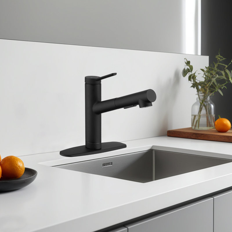 Low Profile Kitchen Faucet With Pull-Out Spray Nozzle, Single Handle, Short Kitchen Faucet, Low Arc Faucet, Black