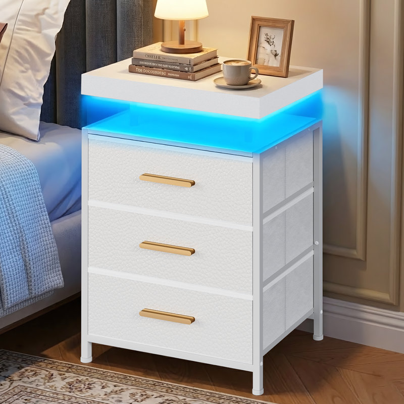 3 - Drawer Dresser With 2-Tier Open Shelf, Dresser With Power Outlet & LED, 17.32"H Dresser For Bedroom White, White