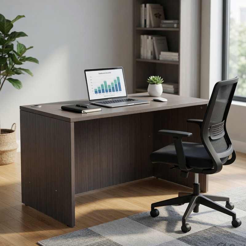 Coquille de bureau Nea, plateau de bureau 48 pouces, bois gris fumé Driftwood, Bois flotté gris fumée