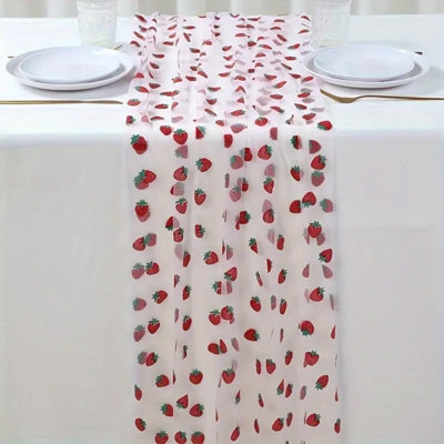 3Pcs 30 X 70 Inch Strawberry Shiny Glitter Tulle Table Runners White Sheer Lace Table Runners for Birthday Party Home Kitchen Table Decor