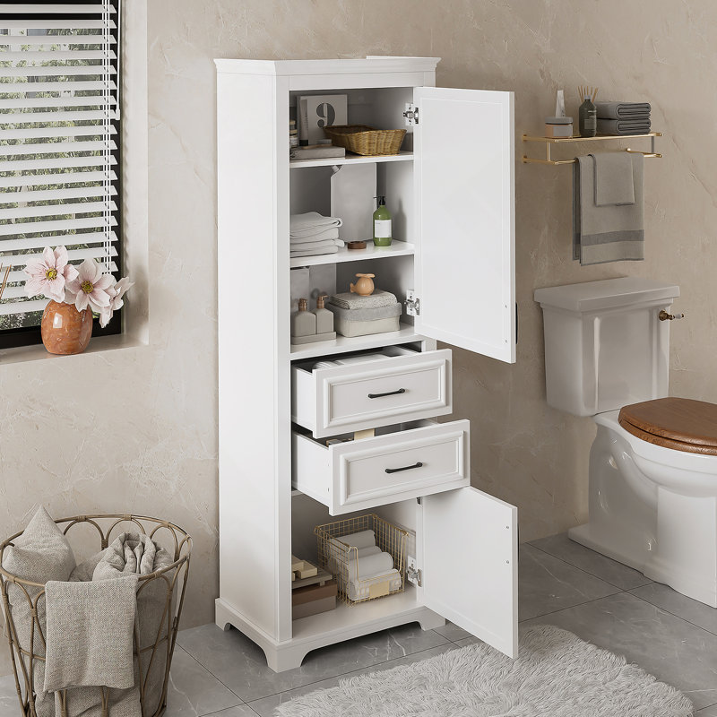 Meuble-lavabo autoportant avec portes et tiroirs à charnières amortissantes, offrant des tablettes réglables, un rangement peu encombrant et un design moderne et élégant