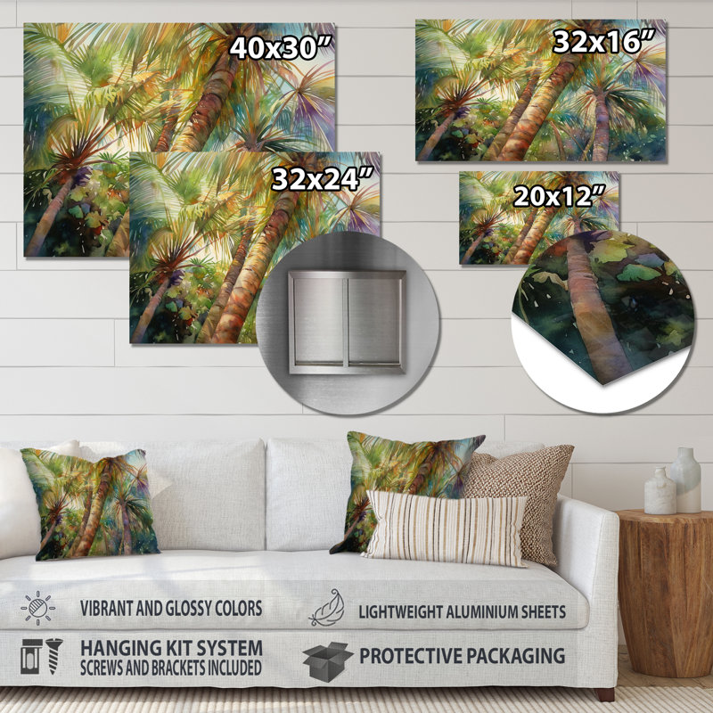Green Palm Tree Paradise II - reproduction d'art sur métal sans cadre, H 12 po x l 20 po x P 1 po