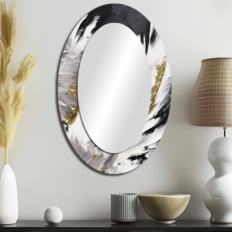 Wild Wave Bliss Abstract Gold White Black VIII - Gold Modern Oval Wall Mirror, 36" x 24"