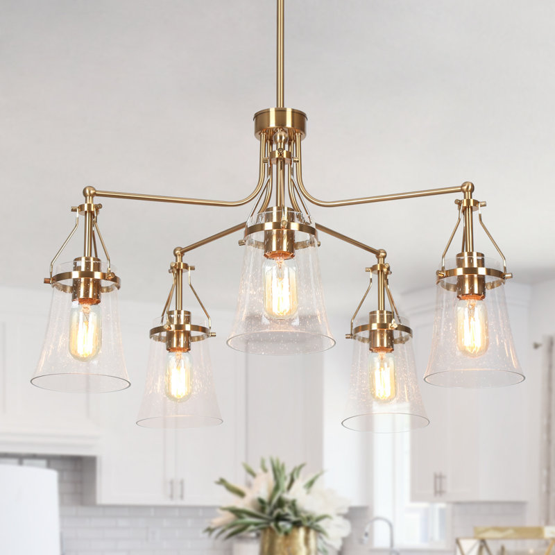 Lustre à 5 lumières à intensité variable avec abat-jour en verre ensemencé Strassburg