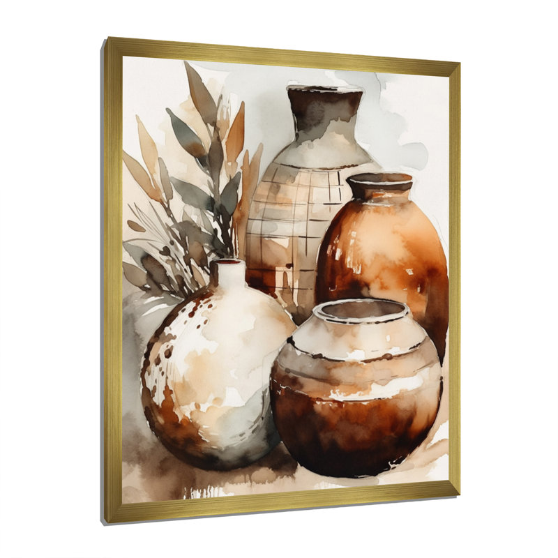 Vase en terre cuite brun et crème Kellerson, H 40 po x l 30 po, Impression encadrée, Doré