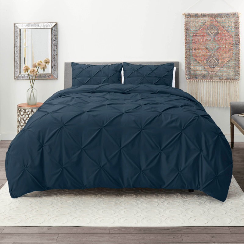 Double Brushed Pleated Duvet Cover Set, Cal. King Duvet Cover + 2 Standard Pillowcases, Navy