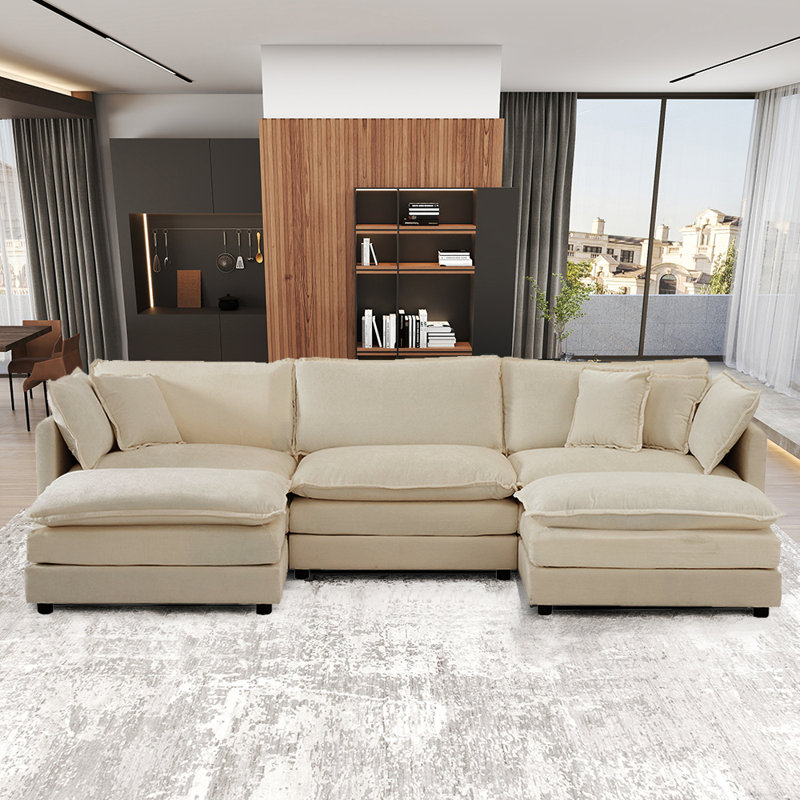 Canapé modulaire en forme de U de 111,5 po avec repose-pieds mobile, Chenille beige