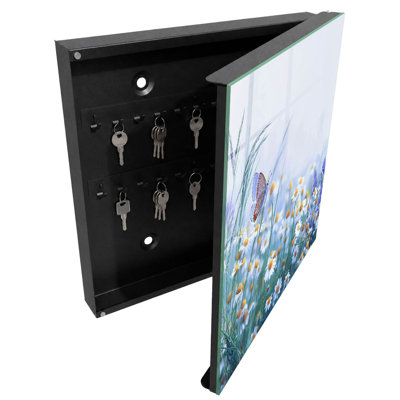 Key cabinet for wall, Opens to the right, 30x30x5, Black, Flowers and a butterfly against the background of a meadow, 