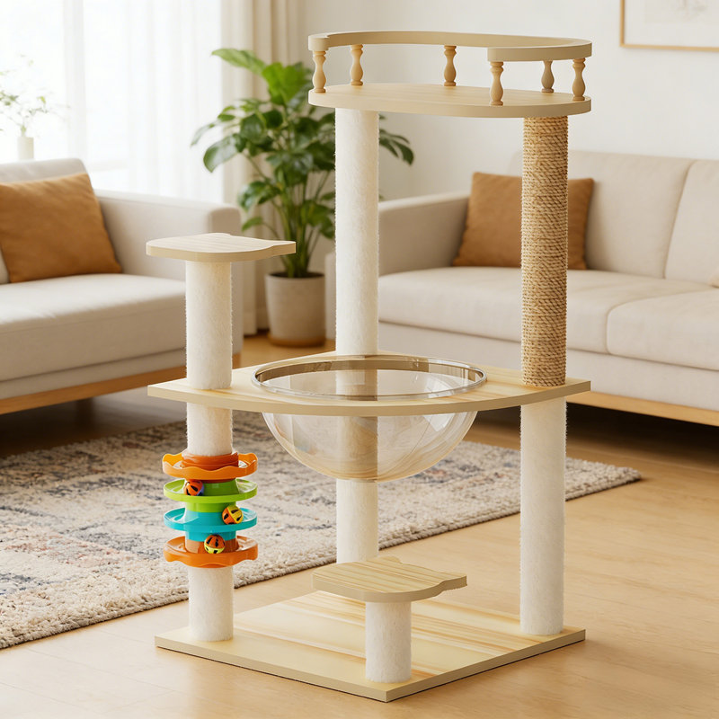 Tour à chat 32,2 po, tour à chat en bois pour chats d'intérieur, arbre à chat avec poteaux à griffes recouverts de sisal et perchoir supérieur, maisonnette pour chat avec hamac en acrylique et jouets pour petits chats
