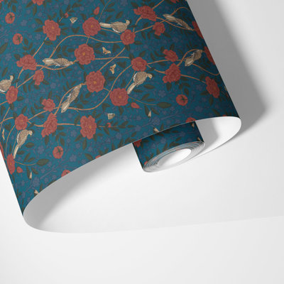 Papier peint rétro floral bleu, H 125 po x l 25 po, vinyle autocollant