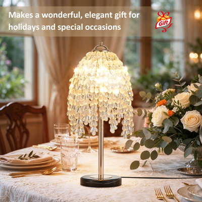1-Light Gold Crystal Table Lamp, 19in Elegant Crystal Table Lamp With Cascading Teardrop Crystal shade And Marble Textured Base for Living Room, Bedroom, or Office (Bulb Not Included)
