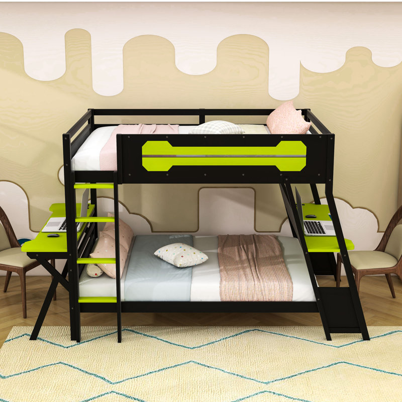 Lit superposé avec ports USB intégrés et panneau perforé, double bureau, Lit superposé double sur double, Vert