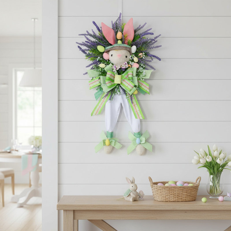 Couronne de Pâques lavande 23,6 po avec œufs floraux et lapins, décoration de porte suspendue pour Pâques et printemps