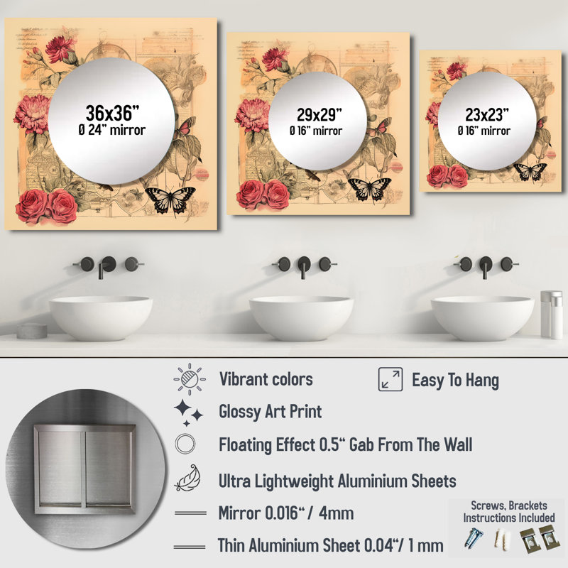 Illustration rétro de papillon rose romantique - animaux, miroir carré pour décoration murale, 29 po x 29 po