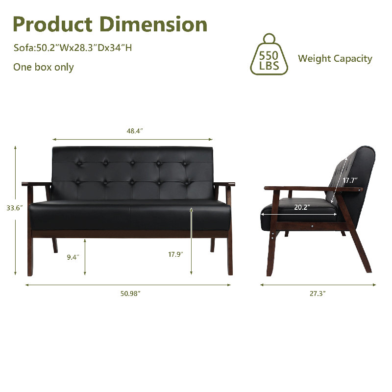 Mid-century Modern Solid Loveseat Sofa Upholstered Faux Leather Couch 2-seat, Black