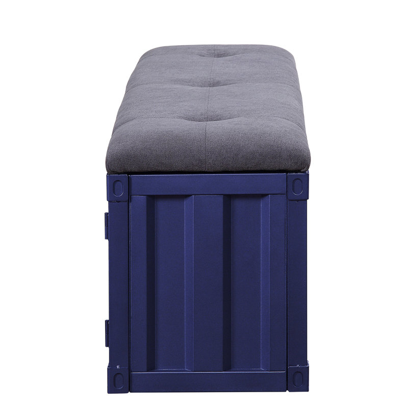 Banc de rangement de style industriel gris et bleu avec amplement d'espace pour la fabrication d'articles de chambre à coucher