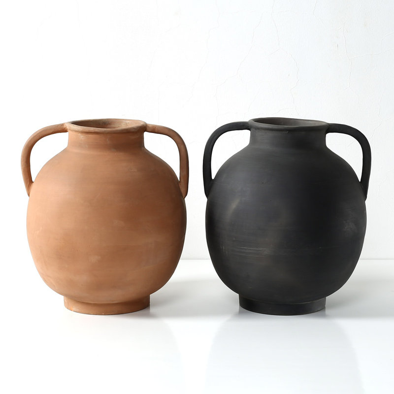Approx.14" Pottery Vase with Two Decorative Handles Warm Soil Tone (6.3" Opening), 14" H x 13" W x 13" D, Black
