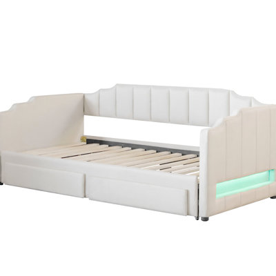 Beige Convertible Twin Xl To King Daybed, Upholstered With Linen, Led , Storage Drawers, Quick Assembly Size Extendable Beige, In , Two Suitable For Multi - Functional Room