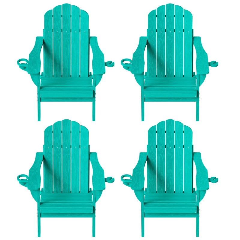 HDPE Adirondack Foldable Chair Wood Texture With Cup Holder(Set Of 4), Teal