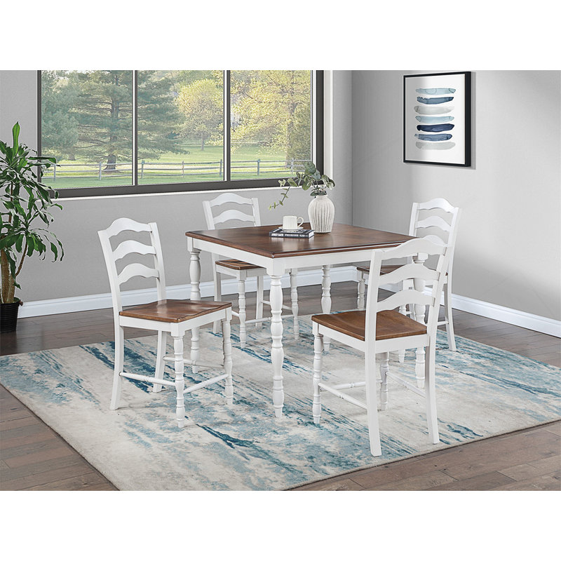 Ensemble de salle à manger 5 pièces à hauteur de comptoir avec plateau en grain de bois naturel et chaises hautes ergonomiques pour les espaces de salle à manger modernes.
