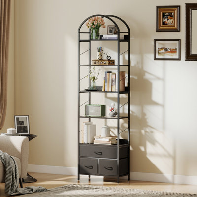 Arched Bookshelf with LED Lights – 5 Open Shelves & 3 Fabric Drawers, Modern Storage Unit with Adjustable Feet for Living Room & Office