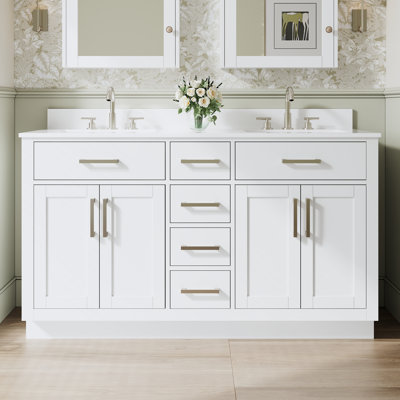 Meuble-lavabo autoportant en bois massif l 60 po x H 35 po avec comptoir en marbre de culture blanc et double lavabo en céramique, blanc