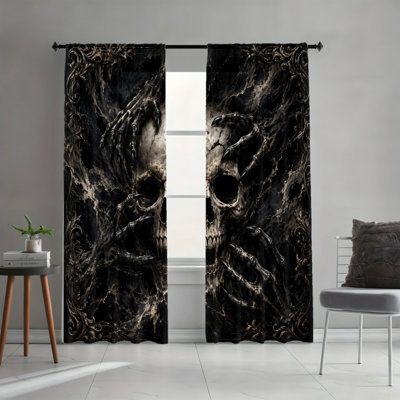 2PCS Gothic Skull Hand Pattern Light Filtering Curtains, Antique Dark Vintage Frame Ornament, Creepy Halloween Motif, Rod Pocket Window Drapes, All-Season Home Decor for Living Room, Bedroom, Study Room