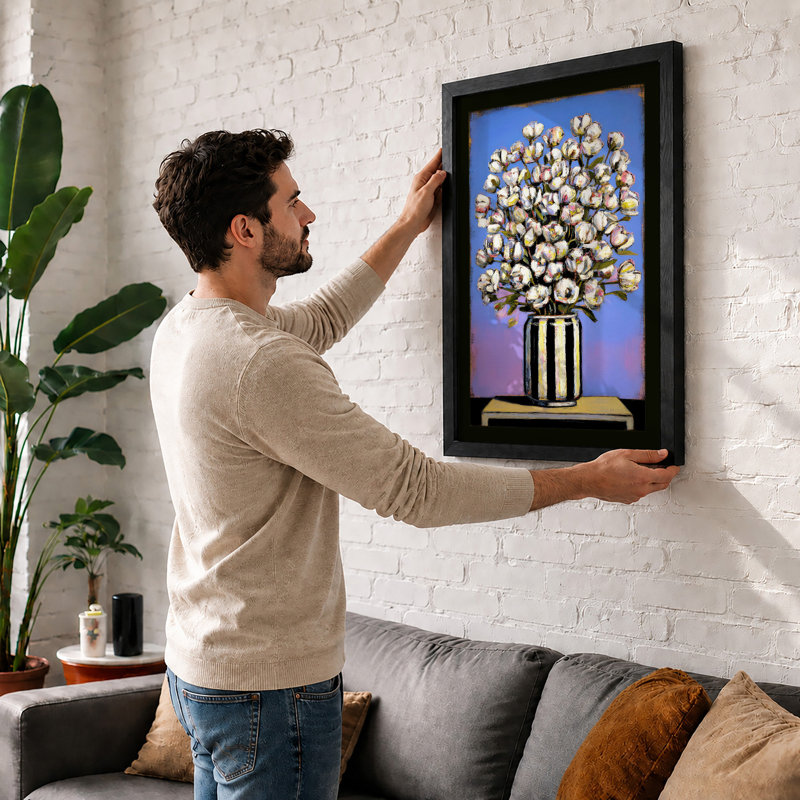 Blooms In Striped Vase Modern - Single Picture Frame Print, A4 - 29.7 x 21.0 cm, Black