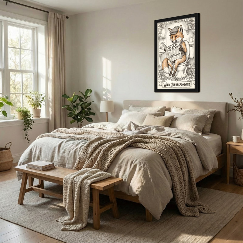 Bath and Laundry Fox lisant un journal sur une toilette, H 16 po x l 24 po