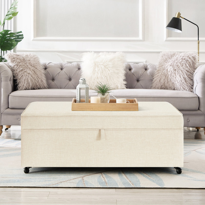 Espace de rangement de luxe - Table basse spacieuse 45 po x 24 po 17,5 po avec siège en tissu lin et avoine, Gruau