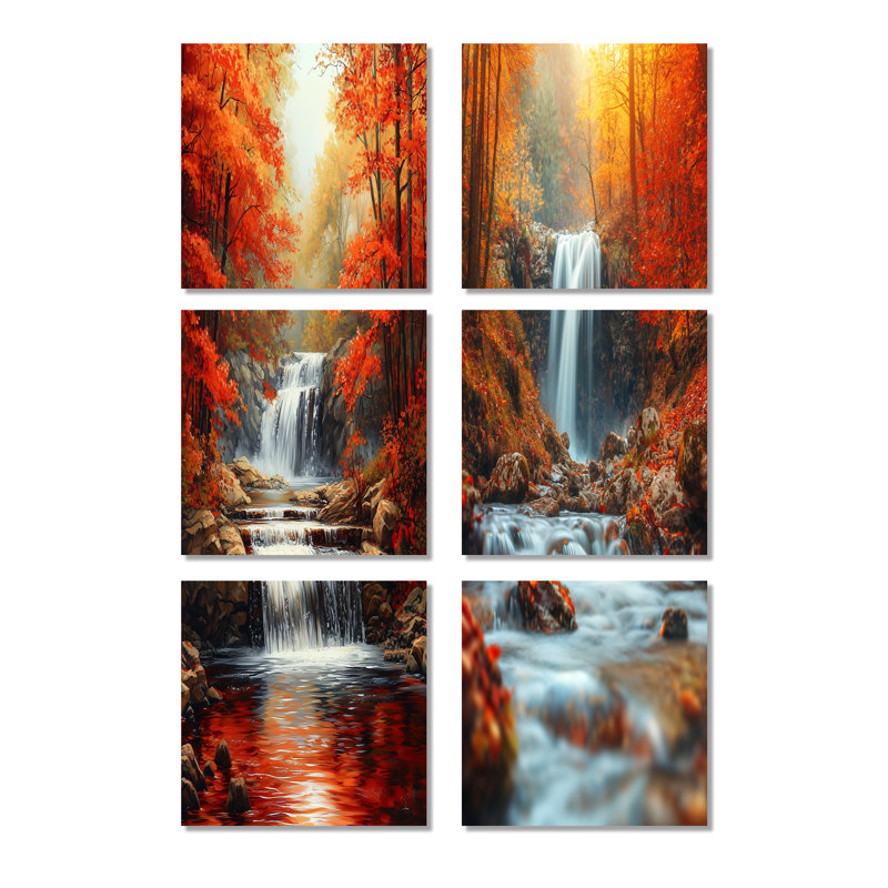 «Red Autumn Mountain Waterfall - Waterfall», ensemble d'art mural sur toile, Toile tendue, Ne s’applique pas