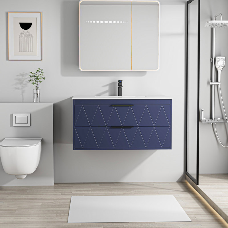 Ciarra Makowski 36'' Wall Mounted Floating Bathroom Vanity Set with Sink Top, Zinc Alloy Faucet, Soft-close Drawers, Blue