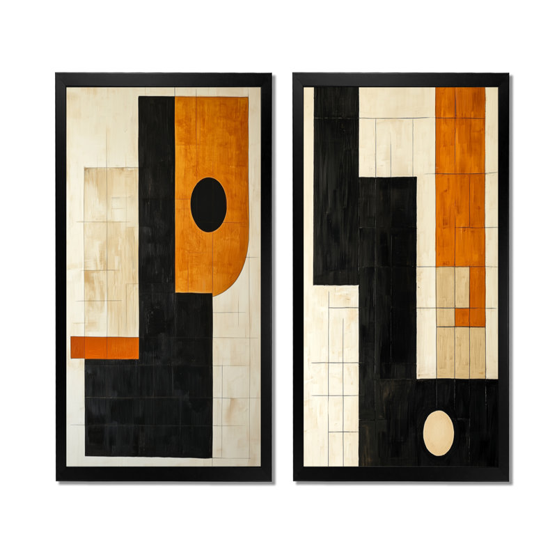 Composition Ambre et Noir III - Tableau abstrait géométrique en 2 parties, 32" H x 32" W, Black Picture Framed